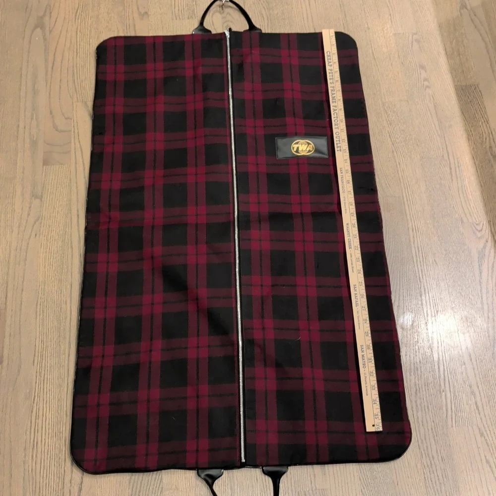 Vintage TWA Airlines Garment Bag Red Black Plaid Suiter Travel Luggage Logo